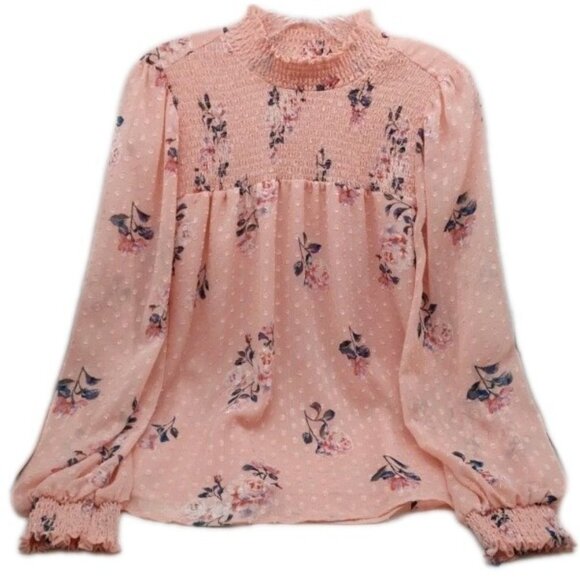 Maison D Amelie Blouse Size Medium Smocked Peach Floral Long Sleeve Fairy Whimsy - Picture 1 of 11
